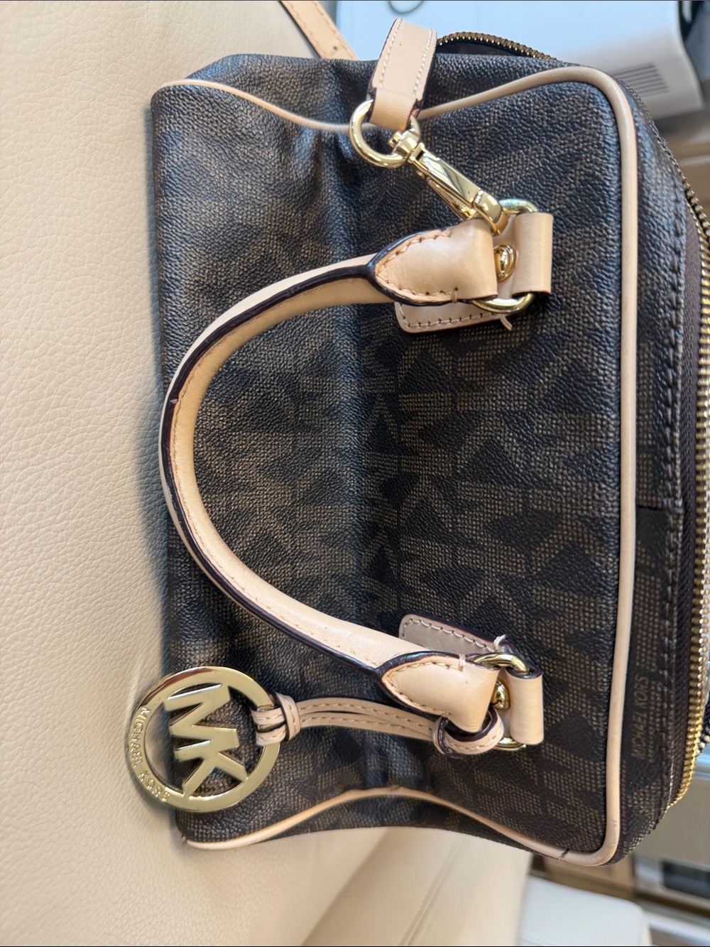 Michael Kors Dark Brown Logo Satchel with Light Beige Trim